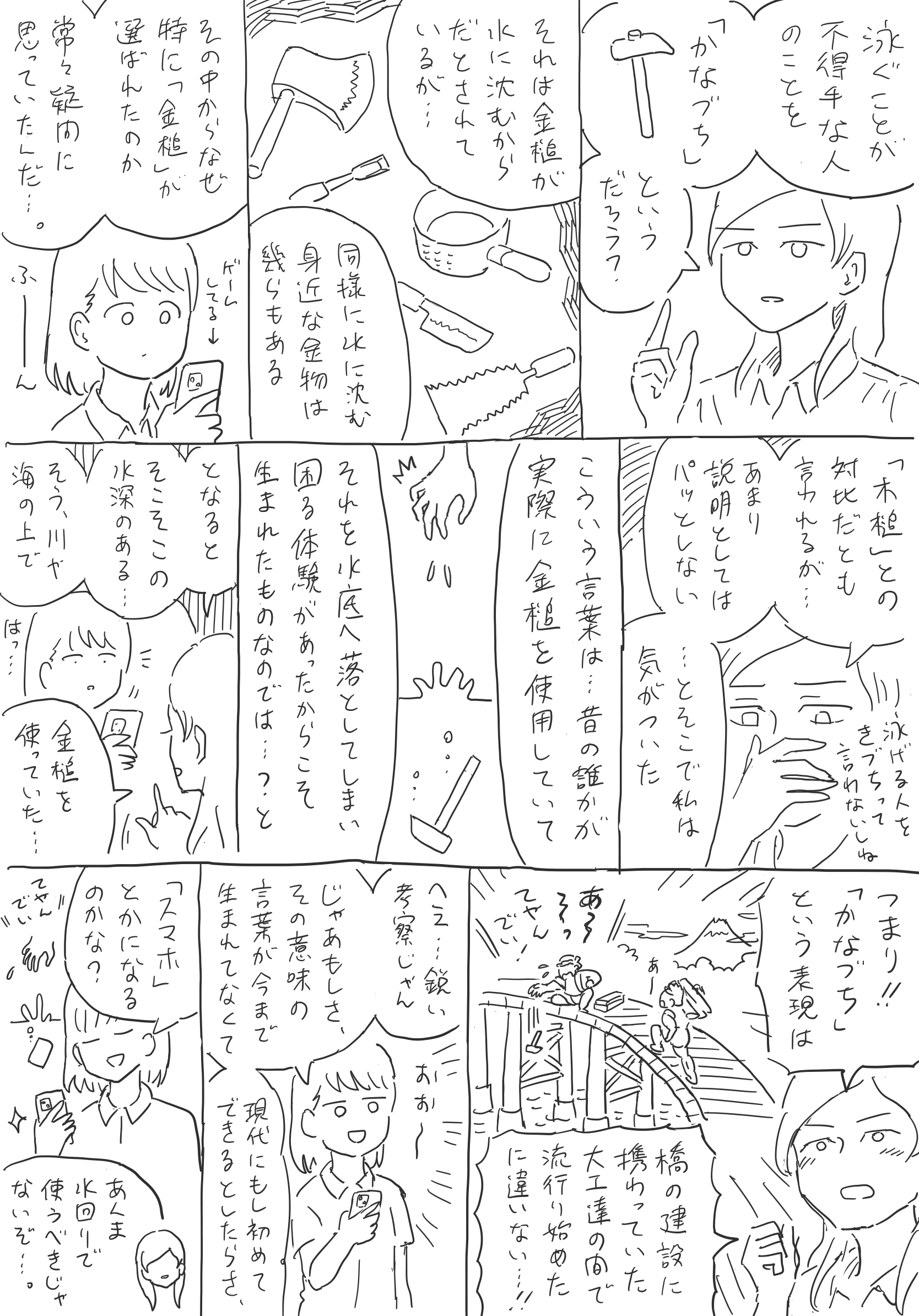 女子高校生SとN。SがNを相手に語っている。
                【S】。泳ぐことが不得手な人のことを「かなづち」というだろう？それは金槌が水に沈むからだとされているが…同様に水に沈む身近な金物は幾らもある。その中からなぜ特に「金槌」が選ばれたのか、常々疑問に思っていたんだ…。
                N、スマホでゲームをしながら「ふーん」と相槌を打つ。
                【S】。「木槌」との対比だとも言われるが…あまり説明としてはパッとしない。泳げる人をきづちって言わないしね。…とそこで私は気がついた、こういう言葉は…昔の誰かが実際に金槌を使用していて、それを水底へ落としてしまい困る体験があったからこそ生まれたものなのでは…？と。
                N、はっとしてSの話に注意を向ける。
                【S】。となるとそこそこの水深のある、そう、川や海の上で金槌を使っていた…つまり！「かなづち」という表現は、橋の建設に携わっていた大工達の間で流行り始めたに違いない…！
                Sは、橋の上で作業している大工が金槌を川へ落として「あーっ、てやんでい！」と言っているイメージを思い浮かべる。
                おおー、と感心するN。
                【N】。へえ…鋭い考察じゃん。じゃあもしさ、その意味の言葉が今まで生まれてなくて、現代にもし初めてできるとしたらさ、「スマホ」とかになるのかな？
                Nは、スマホを水に落として「てやんでい」と言っている人のイメージを思い浮かべる
                【S】。あんま水回りで使うべきじゃないぞ…。